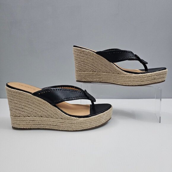 NEW Jack Rogers Rowan Wedge Women 11 Black Leather Thong Jute Sandal Espadrille - Picture 3 of 13